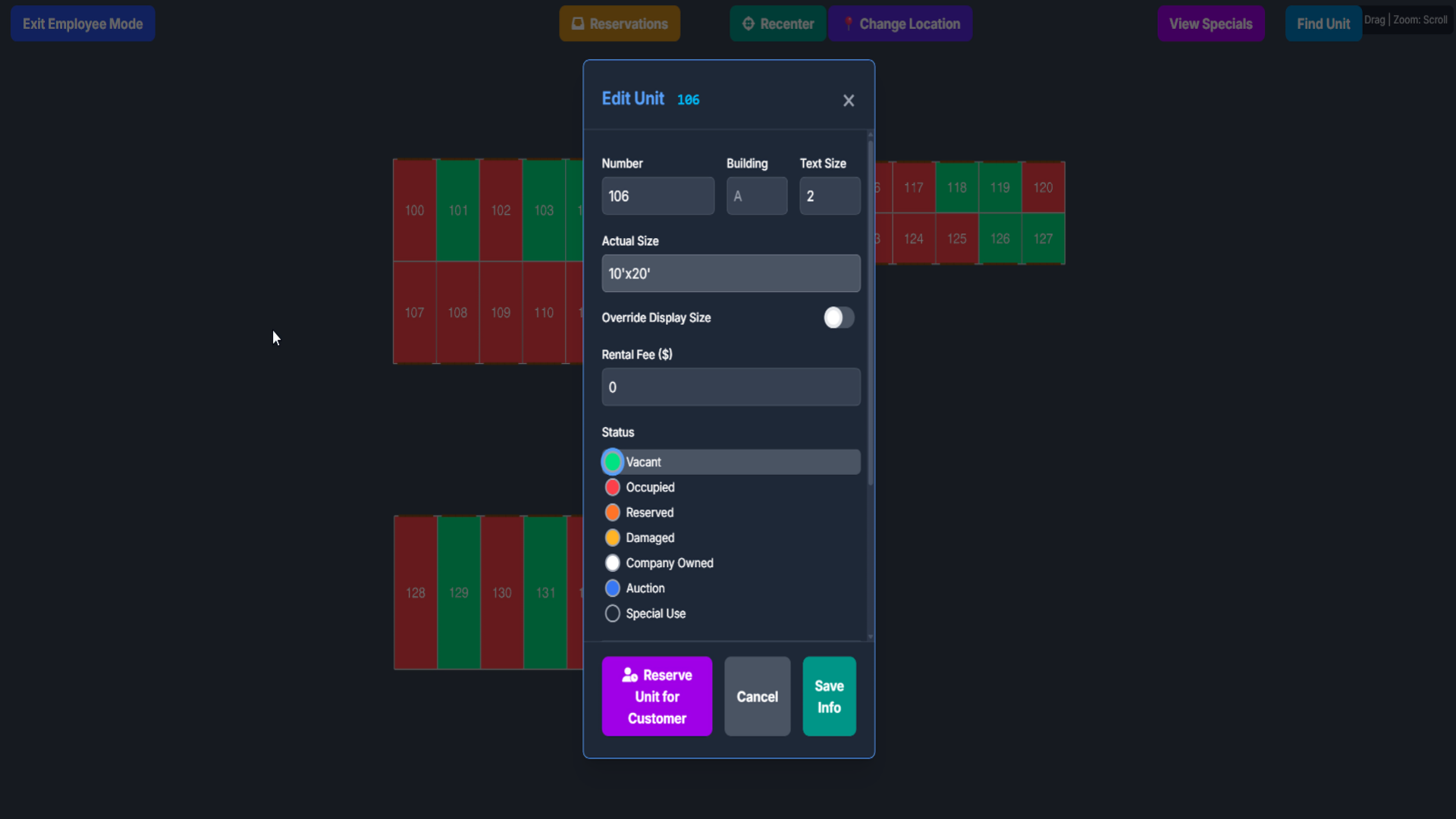 Touchscreen interface showing unit status options: Vacant, Occupied, Maintenance